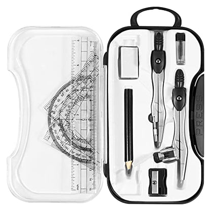 Vobou 10 pcs Math Geometry Set Student Supplies,Compass Kit Set (Black） | Shatterproof Storage Box,Rulers,Protractor,Compass,Eraser,Pencil Sharpener,Lead Refills,Pencil,for School and Drawing - color: Black