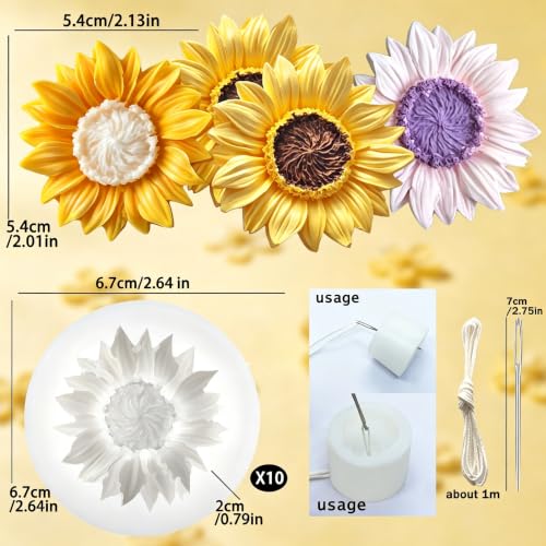 10 Pack Sun Flower Silicone Mold with Large-Eye Wicking Needle,Candlewick Soap Flowers Mold for DIY Tealight Candles Soaps Wax Epoxy Resin Concrete - color: 10PCS-SUNFLOWER