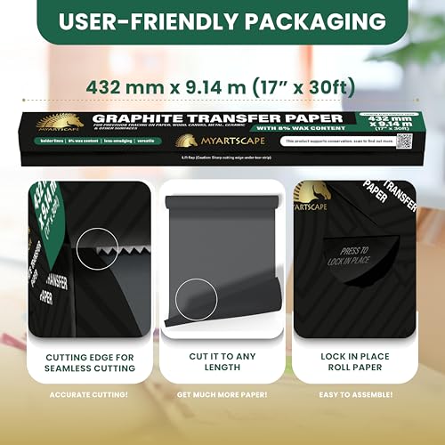 MyArtscape Graphite Transfer Paper Roll 17" x 30ft Black Waxed | Black waxed carbon paper graphite paper roll for reusable tracing on canvas wood paper glass metal and ceramic - size: 17" x 30ft