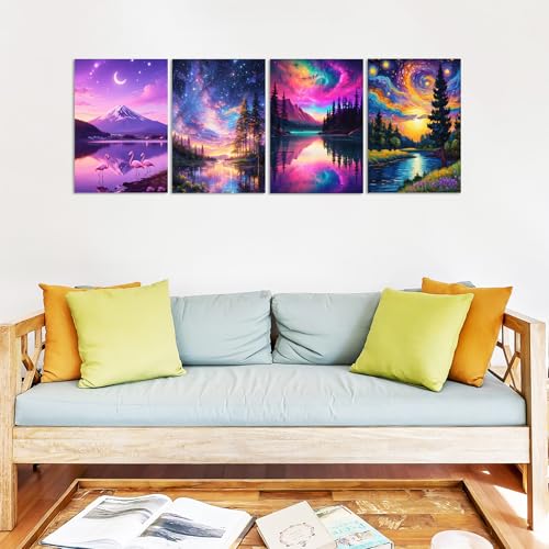 Lanzeyo Diamond Painting Kits for Adults Hand Crafts Diamond Art Kits for Beginners Starry Night Landscape Diamond Painting Diamond Dots Kits Gem Art Adult Crafts 4PCA Wall Art (StarryNight) - color: 06 Starry night