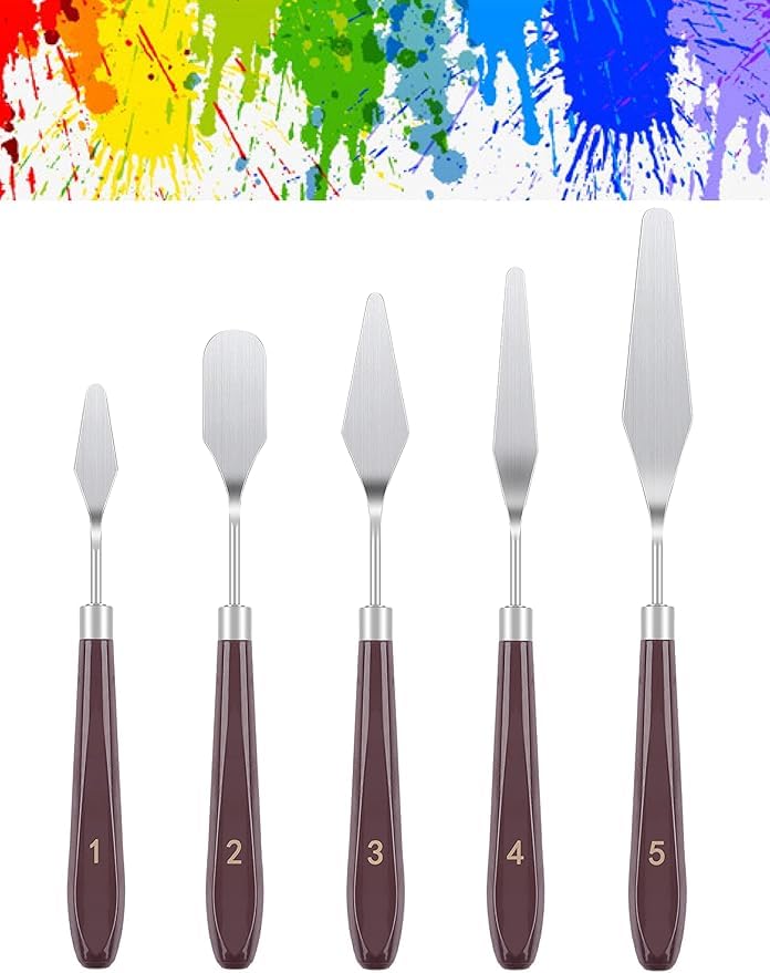 FUPUALL 5 Pieces Painting Knives Stainless Steel Spatula Palette Knife Oil Painting Accessories Color Mixing Set for Oil, Canvas, Acrylic Painting - color: Brown2