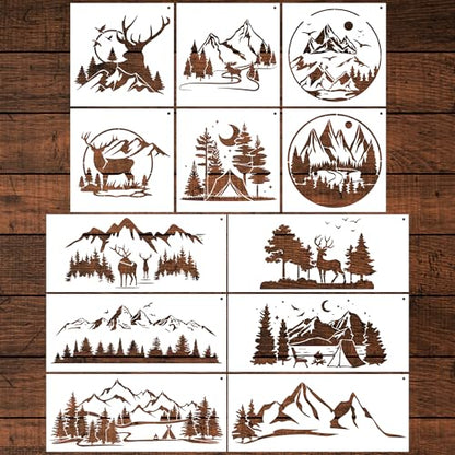 Keluna Forest Wood Burning Stencils - 12 Pcs Mountain Forest Stencils for Painting on Wood, Reindeer Forest Wall Stencils for Painting Large Pattern - style: mountain scenery