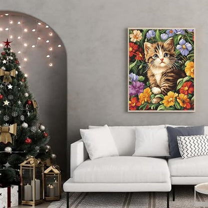 Paint by Numbers Cute Cat, Kitten Surrounded by Flowers Paint by Number for Adults Beginner on Canvas, Cat Portrait Acrylic Oil Painting Kit, Home Wall Decor Animals (16x20inch, No Frame)