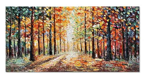 Art Hand Painted Red Maple Forest Landscape Oil Painting Modern Abstract Art Home Wall Deco Art 24x48 inches - color: Dn183
