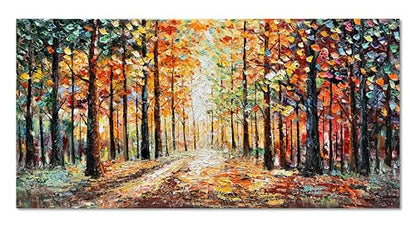 Art Hand Painted Red Maple Forest Landscape Oil Painting Modern Abstract Art Home Wall Deco Art 24x48 inches - color: Dn183