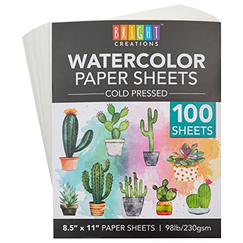 Bright Creations Printable Cold Pressed Watercolor Paper Bulk Pad - 100 Sheets, 8.5 x 11 in, 230 GSM, White - Painting Paper for Acrylics & Sketching - size: 8.5 x 11 In