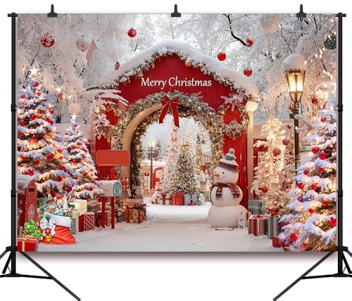 7x5FT Christmas Backdrop Red Wooden Door White Xmas Tree Santa Claus' Mailbox Winter Forest Background for Christmas Themed Party Decoration Vinyl - size: 7x5FT