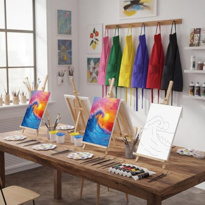 Cholemy 8 Set Paint and Sip Kit for Adults 8'' x 10'' Pre Drawn Canvas with Wooden Easels Acrylic Paint Brushes Wash Cup Palette Apron for Painting DIY Date Night Party Supplies(Sea Wave) - style: Sea Wave