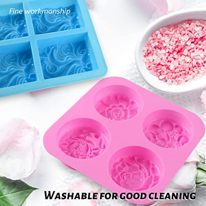 Sakolla 2 Pack Silicone Soap Molds, 4 Cavities Rectangle Wave and Round Flower Silicone Molds for Handmade Soap, Candle and Mousse Cake - color: Wave+Flower/Pink & Blue