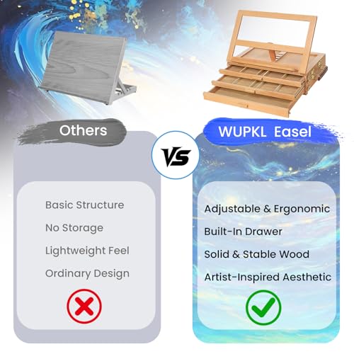 Tabletop Easel for painting with Storage, Wooden Artist Box Easel with 3 Drawers, Adjustable Desk Easel for Painting, Beechwood Art Supply Organizer with Handle & Strap for Adults Artists (Beech Wood)