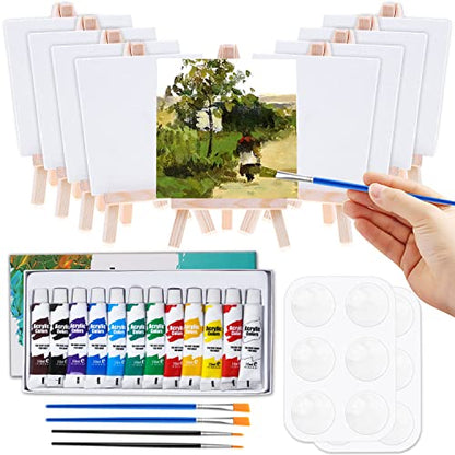 Mini Canvas and Easel, Cridoz 47 Pieces Small Canvas Painting Set Includes Mini Easel, Acrylic Paint, Paintbrushes and Palette for Artists Art Party Sip and Paint Night - style: 4x4 inch