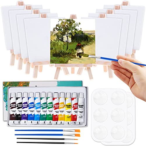 Mini Canvas and Easel, Cridoz 47 Pieces Small Canvas Painting Set Includes Mini Easel, Acrylic Paint, Paintbrushes and Palette for Artists Art Party Sip and Paint Night - style: 4x4 inch