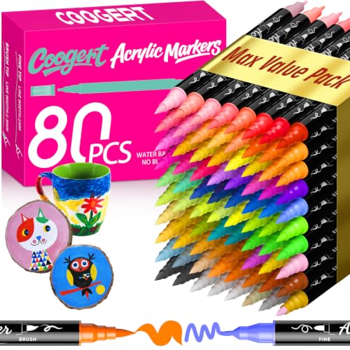 Coogert 80 Acrylic Paint Markers Set (75 Colors + 5 Pro-Essentials): Ultra-Opaque, Fine & Brush Dual Tip Paint Pens for Rock Painting, Wood, Canvas, Fabric, Ceramic, Glass, DIY Crafts Perfect Art Gift