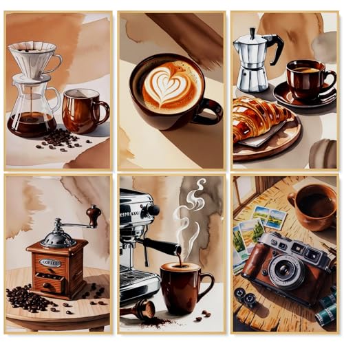Camocin 6 Pack Paint by Numbers Kit for Adults, Coffee Canvas Painting Set | 8x12 Inch, DIY Acrylic Painting Craft Kit for Beginners without Frame, Relaxing Creative Hobby, Home Wall Decor, Gift - color: Coffee-1