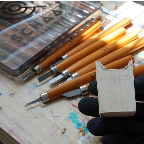Schaaf Tools Wood Carving Kit, 12-pc mini chisel set, large handles | Wood carving tools for detail work and block printing, SK2 carbon-steel, sharpening strop and beginner tutorials included