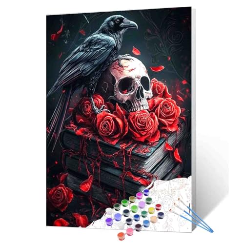 Tucocoo Dark Fantasy Black Crow On Book Paint by Numbers Sets Gothic Red Rose Skeleton Skull Head Paint by Numbers Kits for Adults, Fantasy Vintage Theme for Home Wall Decor 16''W X 20''H (Frameless) - color: Dark Raven-01, size: 16''x20''(Frameless)