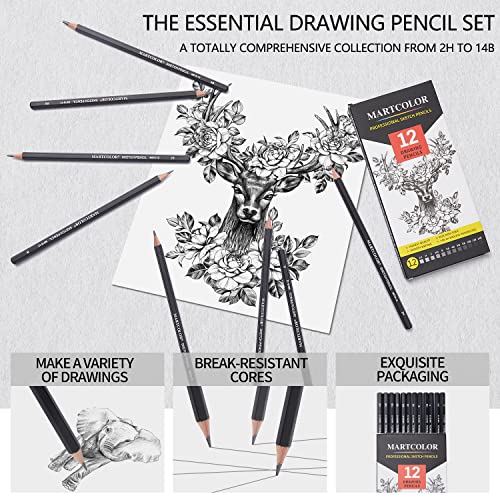 MARTCOLOR Drawing Sketching Pencils Set, 12 Pack Graphite Pencils(14B - 2H)