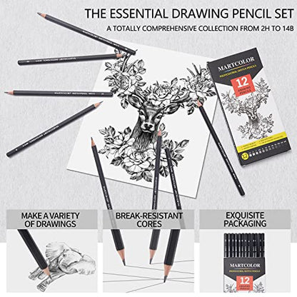 MARTCOLOR Drawing Sketching Pencils Set, 12 Pack Graphite Pencils(14B - 2H)