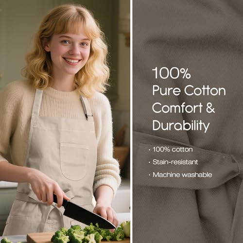 Unisex Apron with Pockets for Cooking, Salon & Art - 100% Cotton Adult Kitchen, Chef, Stylist Apron (Beige) - color: Beige