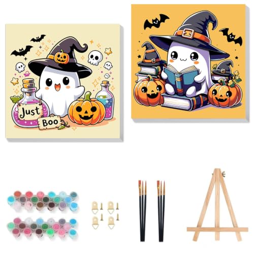 Gemozaic 2 Pack Halloween Paint by Numbers Kit for Kids with Frame, 8x8 in | Halloween Paint by Numbers for Kids Ages 8-12, Cute Kids Painting by Numbers for Boys, Girls Gift, DIY Easy Acrylic Painting - color: BKH2631+BKH2632