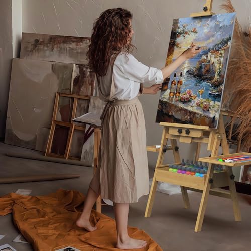 Solid Beech Wood H-Frame Easel with 2 Palette and Storage - color: Natural Wood