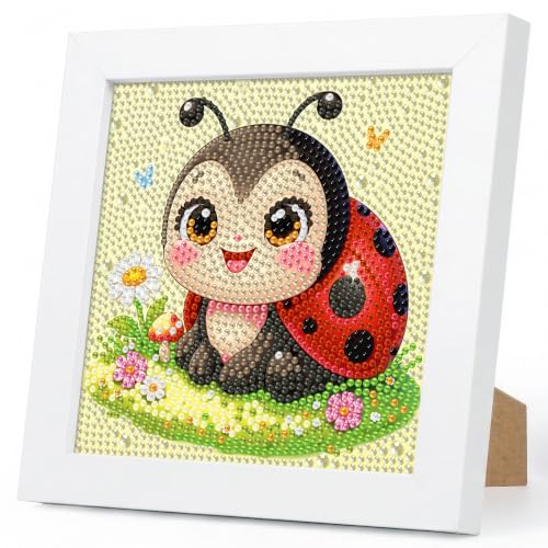 Ladybug Diamond Art Kits for Kids Ages 4-8-12 with Wooden Frame 7x7 Inch | DIY Animal Diamond Art Painting Kit for Girls Boys, 5D Gem Art Kit for Beginners, Birthday Gift, Relaxing Hobby, Home Decor - color: HMKDPUS-26508
