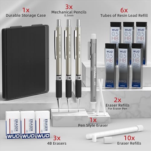 WUO 0.5 mm Mechanical Pencil Set with Eraser Pen Storage Case, 3 PCS | Metal Drafting Pencils, 360 HB Lead Refills, 3x4B Erasers, 12 Eraser Refills for School Artist Writing Drawing Sketching - color: Black 1 - 0.5mm (3 Pack)