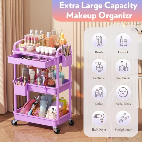 SUNALLY Makeup Cart Organizer with Drawer,3 Tier Rolling Makeup Cart,Purple - color: Purple, size: 3 Tier