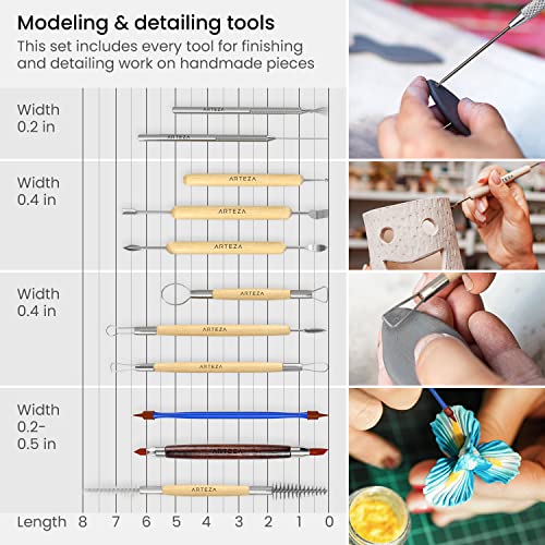 ARTEZA Pottery & Sculpting Tools, 42-Piece Clay Tools Set with Wooden Handles & Steel Tips for Polymer Clay, Ceramics, Carving, Modeling, Shaping & Smoothing - size: Set of 42