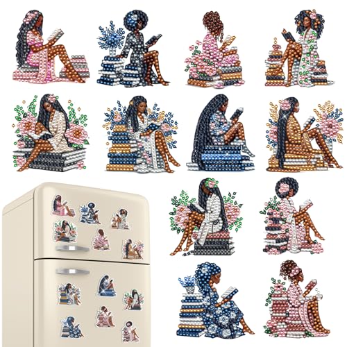INCOK Black Girl Diamond Art Magnets Refrigerator - 12 PCS Book Reading Diamond Art Magnet Kit Black Women Gem Art Fridge Stickers Set Home Decor Birthday Festival Gift for Adults Beginners - color: black girl