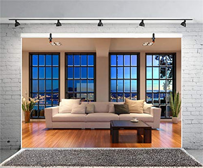 Vinyl 6x4ft Modern Living Room Backdrop for Photography City Night View | Business Office French Window Cozy Sofa Photo Background Interior Home Decor, Luxury Apartment Live Streaming Portrait Props - size: 6x4ft