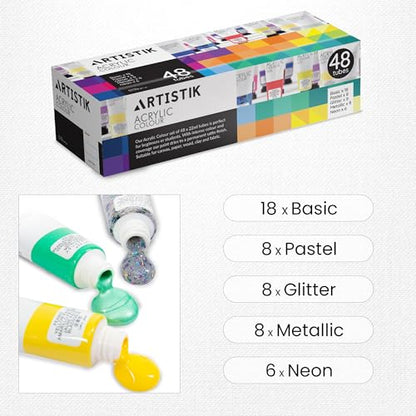 ARTISTIK Acrylic Paint Set with 48 Opaque & Vibrant Colors for Beginners & Students – 22ml Tubes of Artist-Quality Acrylic Paints for Painting on Different Surfaces - style: 48 x 22ml Acrylic Paint