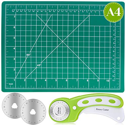 Rotary Cutter Set, Audab Self Healing Sewing Mats Rotary Cutter and Mat 45mm Rotary Fabric Cutter Set with 2 Blades Rotary Cutting Mat for Crafts Fabric Quilting Hobby (9" x 12" (A4)) - color: Green