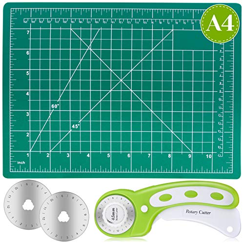 Rotary Cutter Set, Audab Self Healing Sewing Mats Rotary Cutter and Mat 45mm Rotary Fabric Cutter Set with 2 Blades Rotary Cutting Mat for Crafts Fabric Quilting Hobby (9" x 12" (A4)) - color: Green
