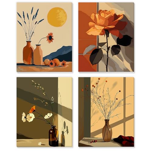 4 Pack Paint by Numbers Kit for Kids Beginner with Wooden Frame, Flowers in A Vase, Paint by Numbers Kit for Adults, Window Sill Sunlight Flower, DIY Painting Kits for Home Wall Decor 8x10 inch - color: flower-03