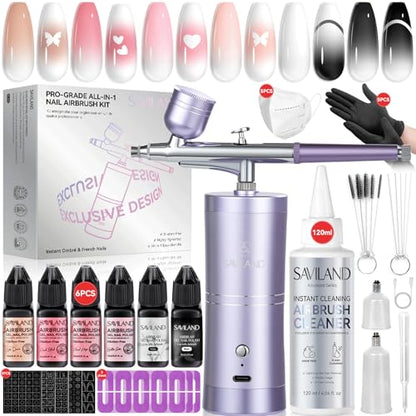 SAVILAND 7-in-1 Nail Airbrush Kit with Airbrush Gels & Cleaner Tools | Clog-Free Airbrush Gun with 6 Pink Gels, Cleaner, & Stencils, Instantly Atomizes for Flawless Aura & Ombre Nails - color: black, white, pink, nude