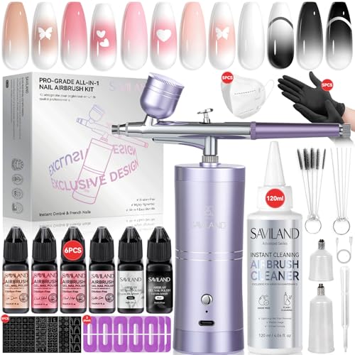 SAVILAND 7-in-1 Nail Airbrush Kit with Airbrush Gels & Cleaner Tools | Clog-Free Airbrush Gun with 6 Pink Gels, Cleaner, & Stencils, Instantly Atomizes for Flawless Aura & Ombre Nails - color: black, white, pink, nude