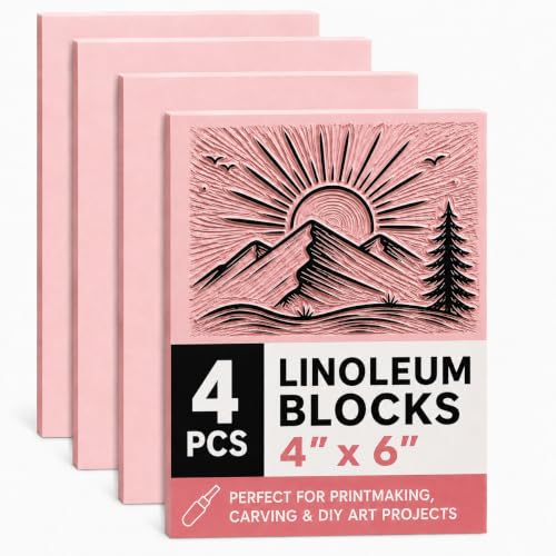 Bobblebro 4 PCS 4"x6" Soft Linoleum Blocks for Printmaking & Stamp Making | Rubber Linocut Block for Stamp Carving, Relief Printing, Handcraft DIY, Journal Decoration and Daily Artistic Practice - color: pink