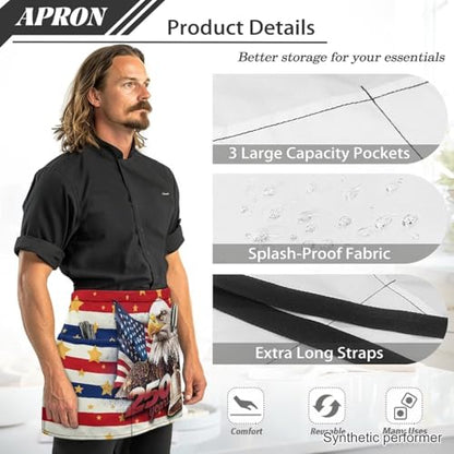 Waist Apron with 3 Pockets Waterproof 13 Inch Short Half Waist Aprons Women Men Server Aprons Waitress Waiter Apron - color: American Flag Eagle 250 Years
