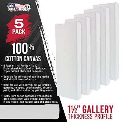 U.S. Art Supply 5-Pack Bulk White Stretched Canvas for Painting 4" x 12" Gallery Depth 1-1/2" Profile - Professional Artist Quality, 100% Cotton 12-Ounce Gesso Triple Primed for Acrylic Pouring, Oil - size: 4" x 12"