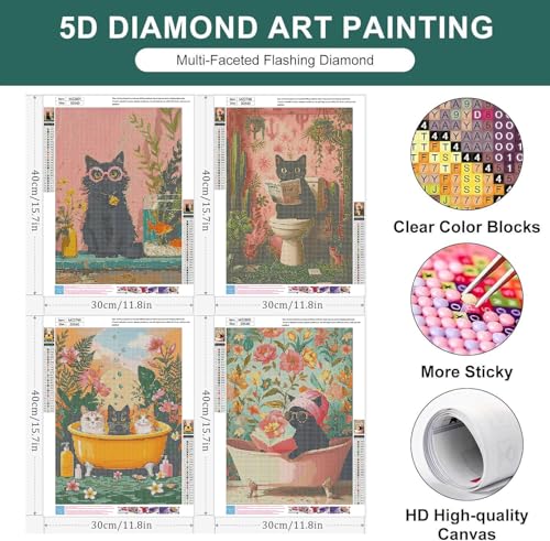 mrpwnle 4 Pack Cat Diamond Art Kits for Adults, Black Cat Diamond Painting - color: 4 Pack Black Cat, size: 11.8x15.7in(30x40cm)