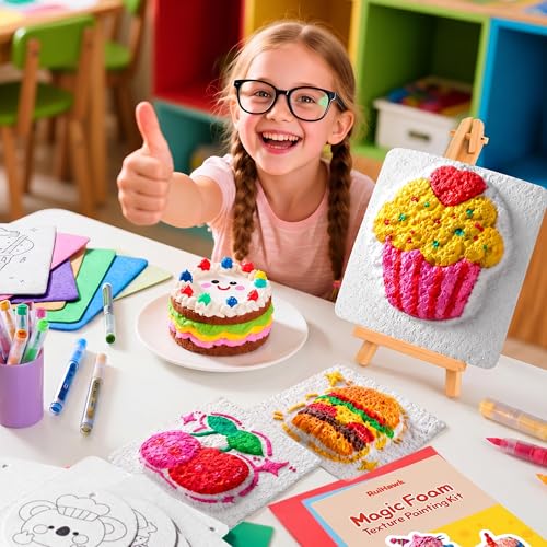 RuiHawk 3D Magic Foam Texture Painting Kit, 75 Pcs Puff Paint Art Supplies for Kids with 24 Auto-Flow Markers, 38 Texture Sheets & 10 Bead Necklace, Non-Toxic Creative Arts Crafts for Kids Ages 4-16
