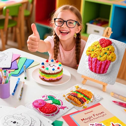 RuiHawk 3D Magic Foam Texture Painting Kit, 75 Pcs Puff Paint Art Supplies for Kids with 24 Auto-Flow Markers, 38 Texture Sheets & 10 Bead Necklace, Non-Toxic Creative Arts Crafts for Kids Ages 4-16