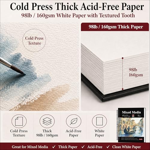 SuFly Mixed Media Sketchbook 9x12, Mixed Media Paper_98lb/160gsm, 60 Sheets | Mixed Media Pad, Thick Drawing Paper Pad, Spiral Sketch Pads for Drawing, Watercolor Paper for Art Class & Painting Supplies