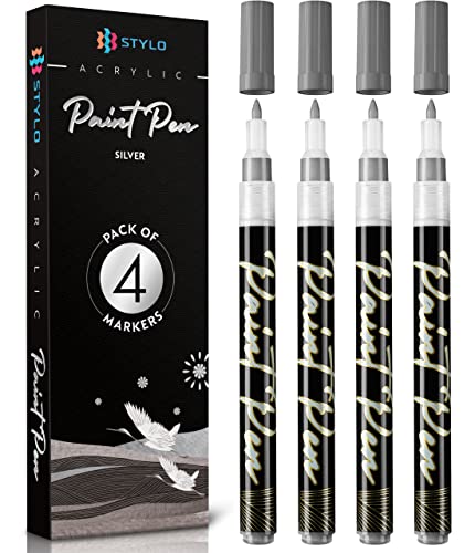 Stylo Silver Acrylic Paint Pens, 4 Silver Paint Markers, Fine Tip - color: Silver