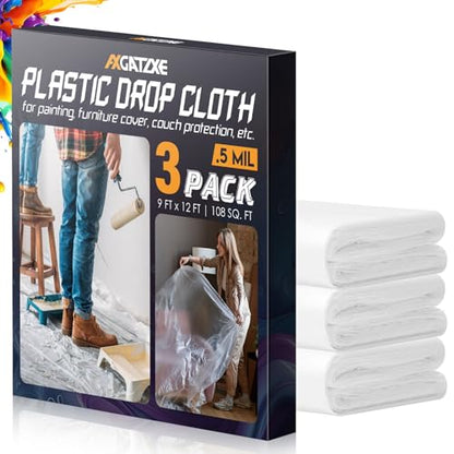Axgatoxe 12 x 9 Ft Plastic Drop Cloths for Painting (3-Pack) | Plastic Painter's Sheeting & Tarps for Painting Supplies, Waterproof & Dust-proof Furniture/Couch/Floor Protection Cover - size: 3-Pack