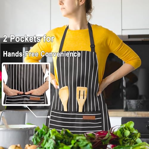 BeLuyi Adjustable Bib Apron with 2 Pockets Chef Cooking Kitchen Restaurant Aprons for Women Men - color: Black Stripes