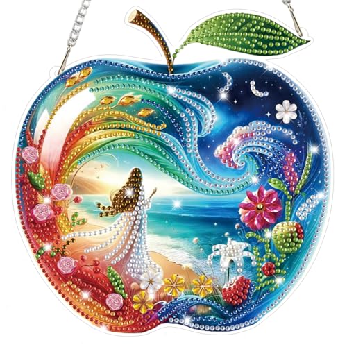 Bowetile Dreamy Apple Diamond Art Hanging Kits for Adults, Diamond Art Suncatchers Beach, 5D Special Shape Diamond Painting Fariy Pendant Window Ornament Gifts for Home Decor - color: Apple, Beach Landscape，Ocean