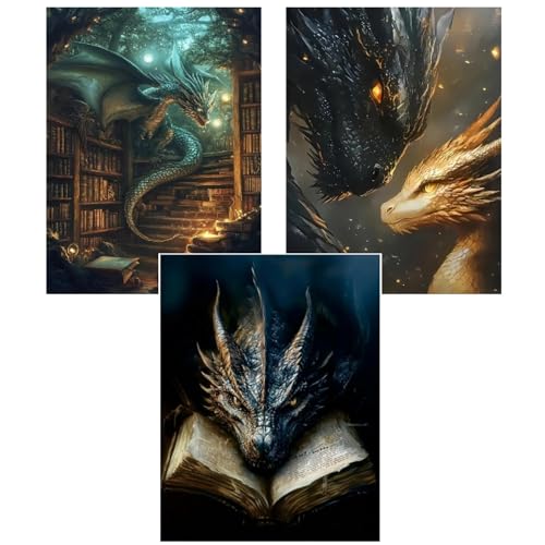 Gemozaic 3 Pack Dragon Diamond Painting Kits for Adults, 12x16 Inch | Dragon Diamond Art Kit for Adults Beginner, Full Drill 5D Round Fantasy Gem Art for Home Wall Decor, Gift, Unframed - color: G9039+G9271+G9272