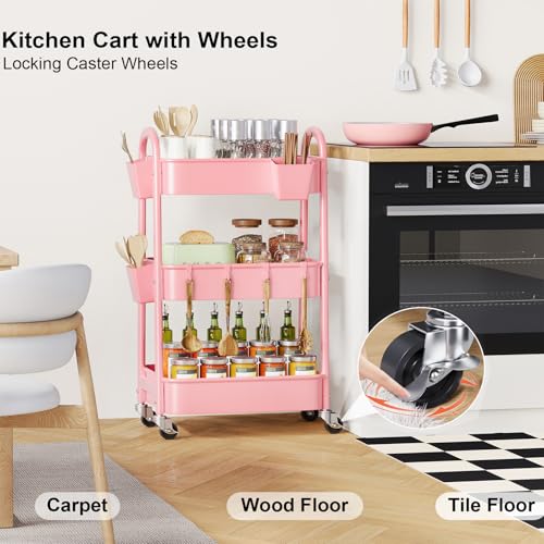 3 Tier Rolling Storage Cart Metal with Wheels, Pink Three Tiered Craft Cart Organizer on Wheels, Utility Carts for Baby Nursery, Diaper Caddy, Art, Book, Snack, Nail, Makeup, Bathroom Supplies, Mesh - color: Soft Pink